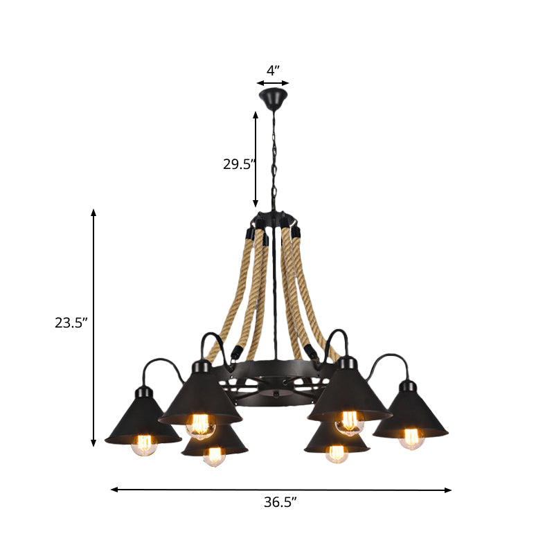 Farmhouse Metallic Cone Chandelier Lamp - 6/8 Lights Pendant Lighting with Rope Detail, Black