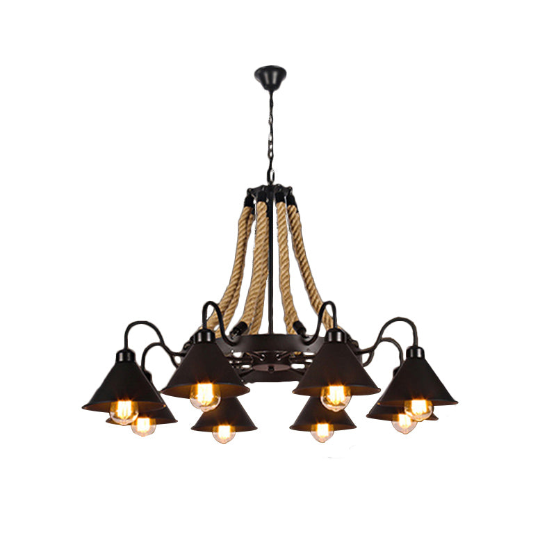 Farmhouse Metallic Cone Chandelier Lamp - 6/8 Lights Pendant Lighting with Rope Detail, Black