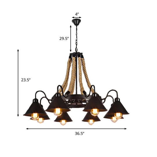 Black Rope Detail Metallic Cone Chandelier: 6/8-Light Farmhouse Restaurant Pendant Lighting