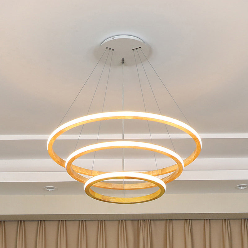 Minimalist Led Wood Rings Chandelier In Beige 21/25 Width