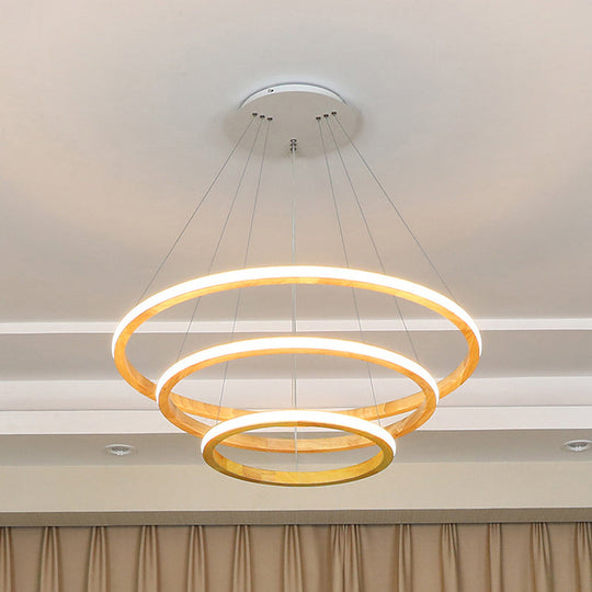 Minimalist Led Wood Rings Chandelier In Beige 21/25 Width