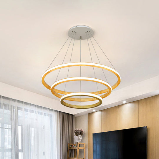 Minimalist Led Wood Rings Chandelier In Beige 21/25 Width