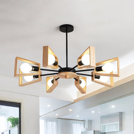 Modern Wood Trapezoid Chandelier with 8-Head Black Suspended Lamps and Radial Design