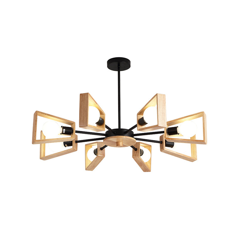 Modern Wood Trapezoid Chandelier with 8-Head Black Suspended Lamps and Radial Design