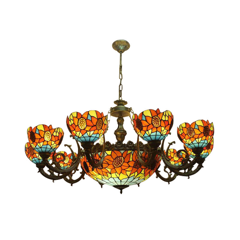 Lodge Sunflower Chandelier - Stained Glass Pendant Light (9/11/15 Lights) in Orange for Living Room