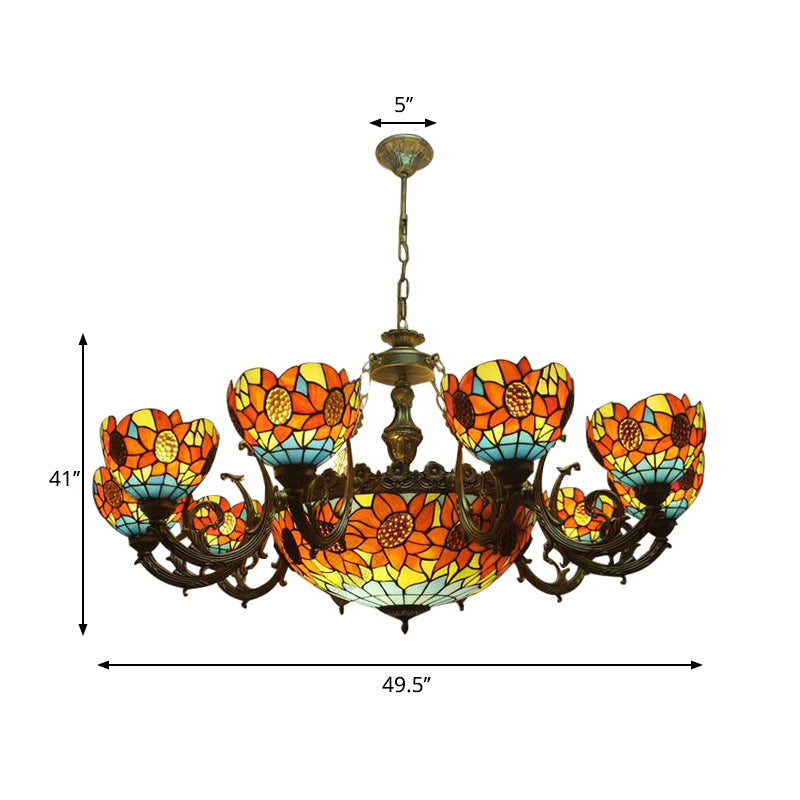 Lodge Sunflower Chandelier - Stained Glass Pendant Light (9/11/15 Lights) in Orange for Living Room