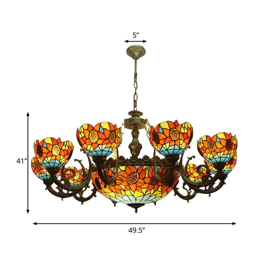 Lodge Sunflower Chandelier - Stained Glass Pendant Light (9/11/15 Lights) in Orange for Living Room