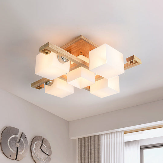 Modernist Beige Cubic Ceiling Lamp With Opaline Glass Shade - Semi Flush Mount 4/5 Heads 5 / Wood