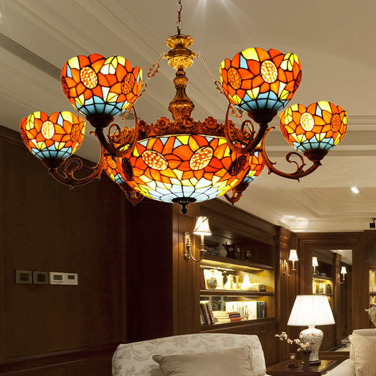 Lodge Sunflower Chandelier Stained Glass Pendant Light - Orange 9/11/15 Lights Ideal For Living Room