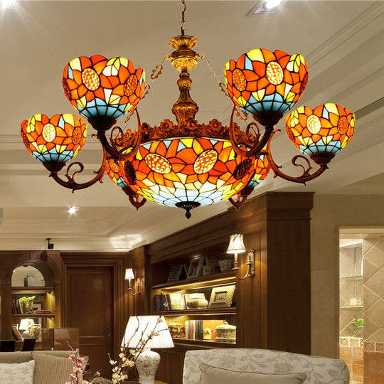 Lodge Sunflower Chandelier - Stained Glass Pendant Light (9/11/15 Lights) in Orange for Living Room