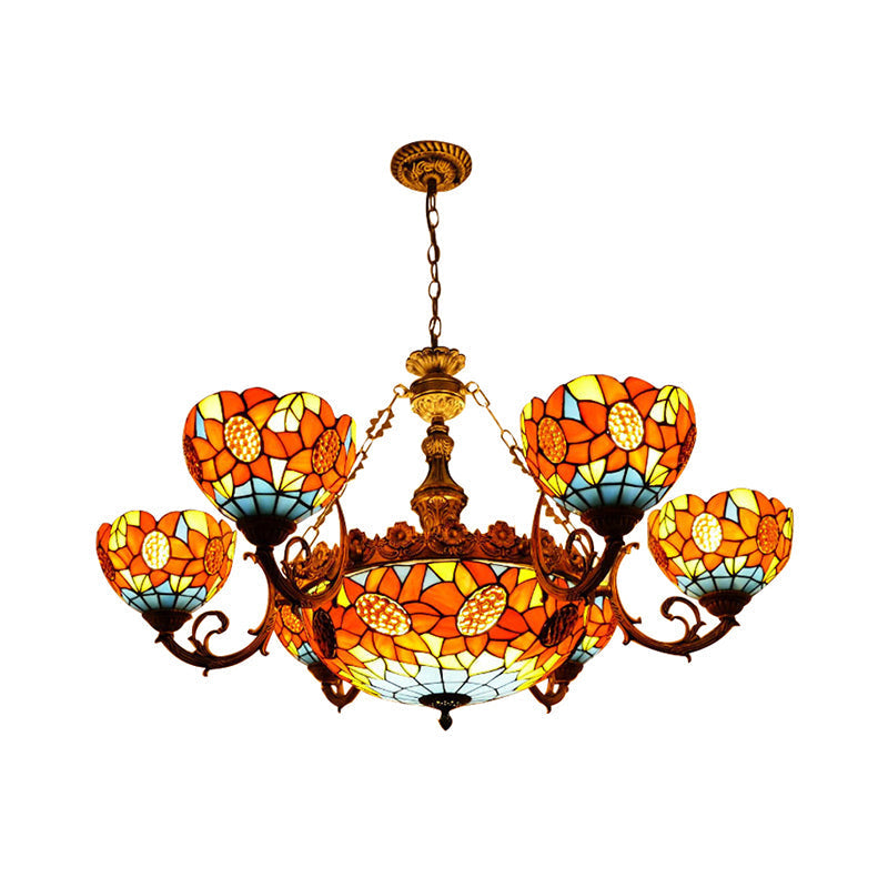 Lodge Sunflower Chandelier - Stained Glass Pendant Light (9/11/15 Lights) in Orange for Living Room