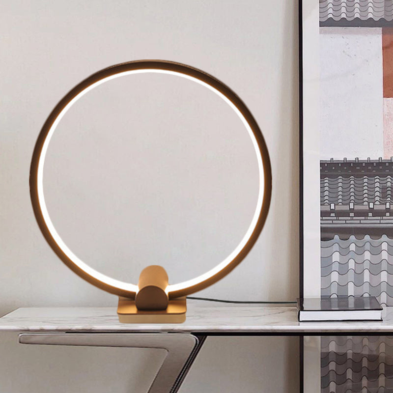 Minimalistic Annular Task Lamp: Metallic White/Coffee Led Reading Table Lighting In Warm/White Light