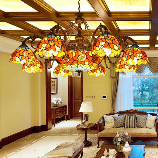 Lodge Sunflower Chandelier - Stained Glass Pendant Light (9/11/15 Lights) in Orange for Living Room