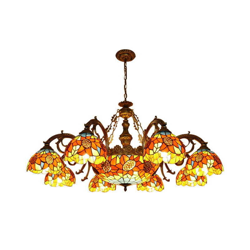 Lodge Sunflower Chandelier Stained Glass Pendant Light - Orange 9/11/15 Lights Ideal For Living Room