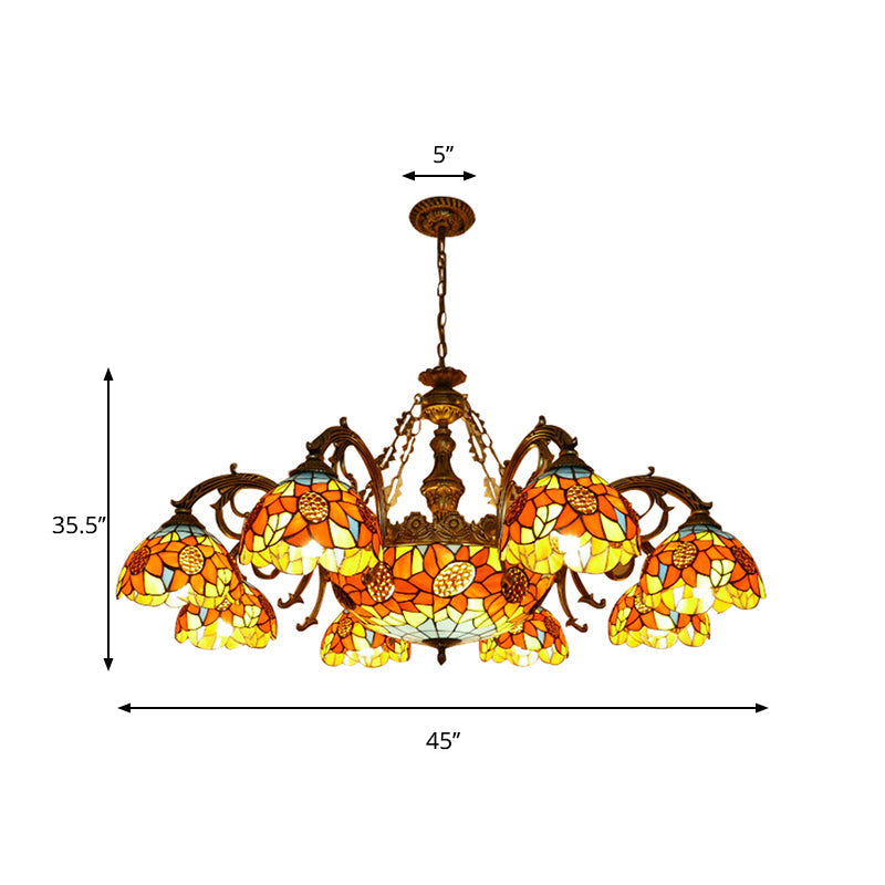 Lodge Sunflower Chandelier - Stained Glass Pendant Light (9/11/15 Lights) in Orange for Living Room