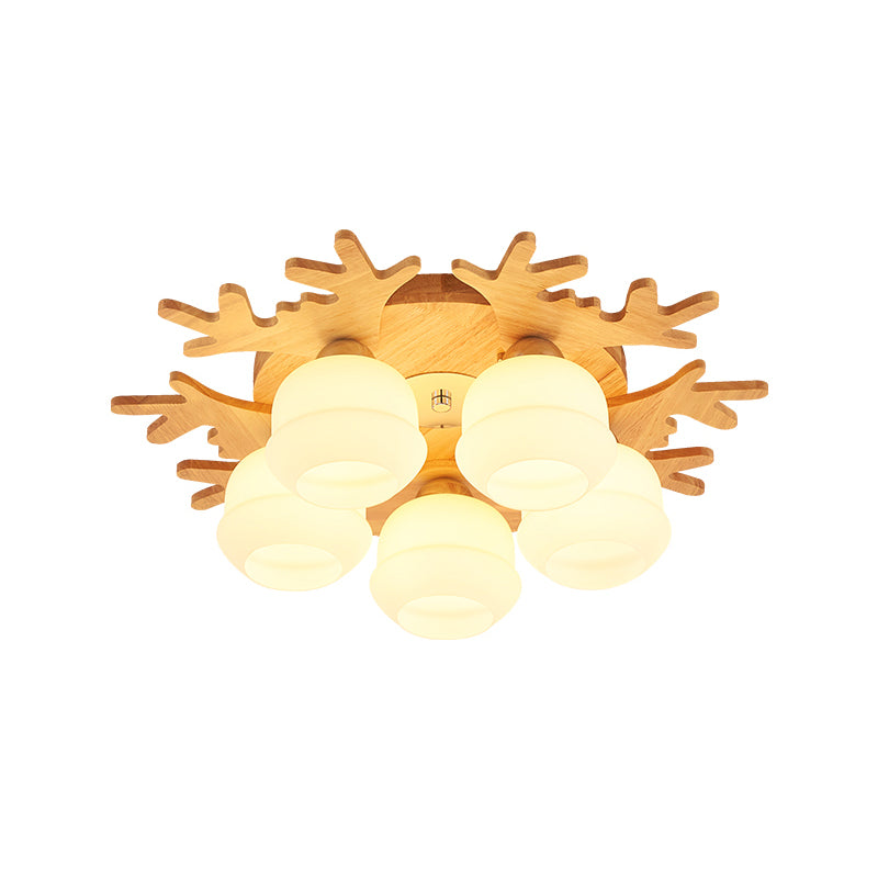 Modern Flush Ceiling Lamp With Wood Antler Design - White Glass Jar Fixture 5/7 Bulbs Beige Mount