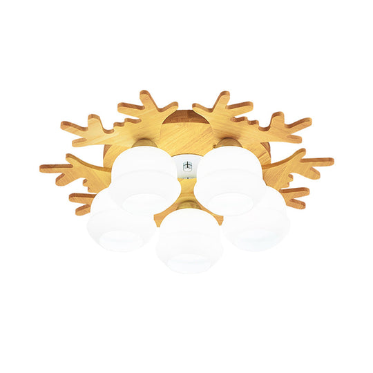 Modern Flush Ceiling Lamp With Wood Antler Design - White Glass Jar Fixture 5/7 Bulbs Beige Mount