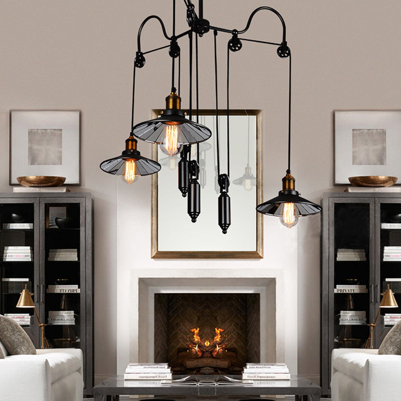 Industrial Flared Chandelier With Pulley And Cord - Black 3-Head Pendant Lamp For Living Room