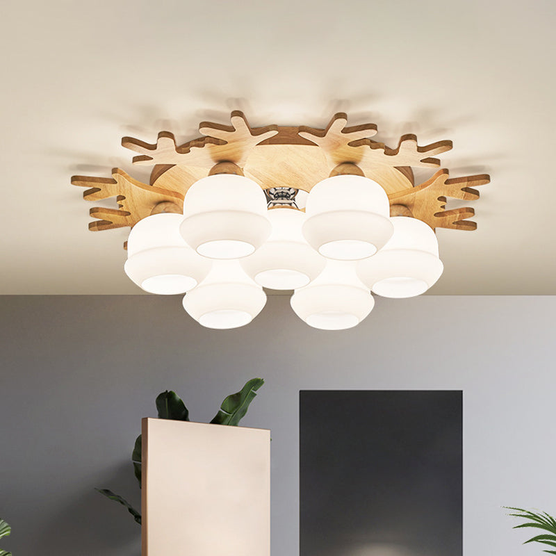 Plafonnier encastré moderne avec motif de bois de cerf - Luminaire en pot de verre blanc, 5/7 ampoules, monture beige