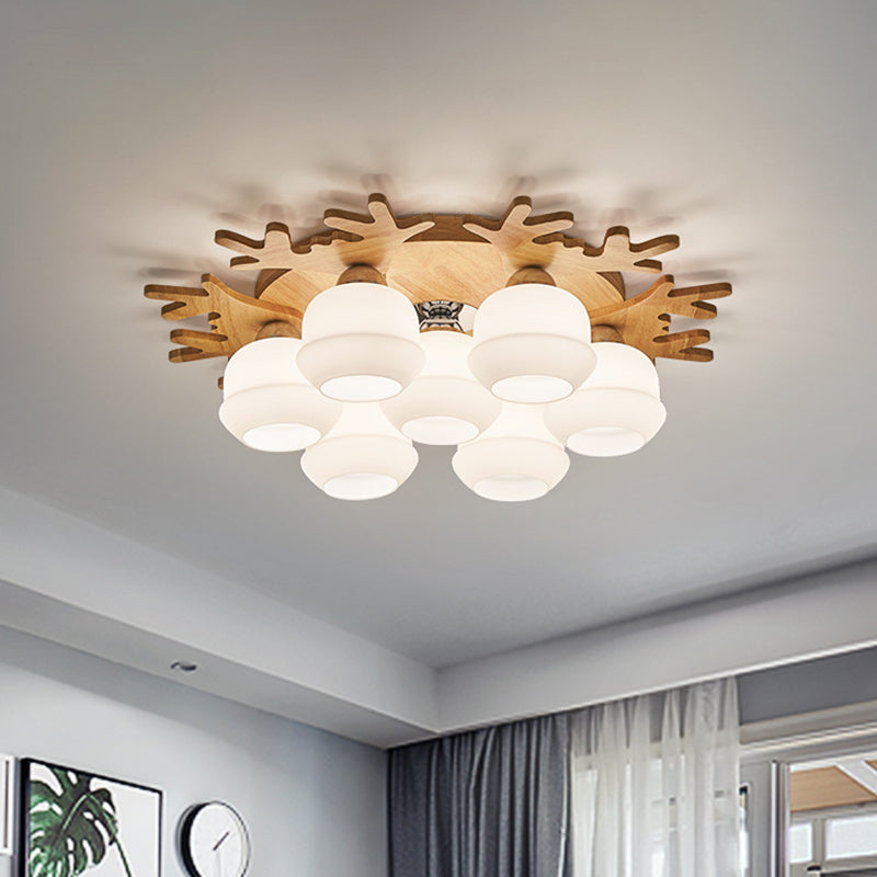 Modern Flush Ceiling Lamp with Wood Antler Design - White Glass Jar Fixture, 5/7 Bulbs, Beige Mount