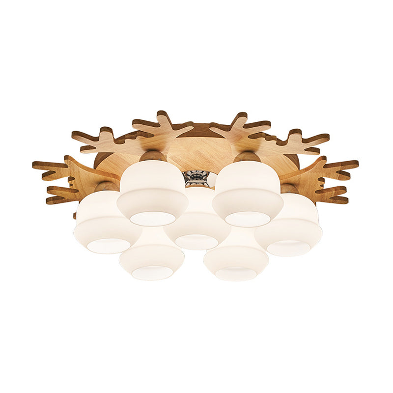 Plafonnier encastré moderne avec motif de bois de cerf - Luminaire en pot de verre blanc, 5/7 ampoules, monture beige