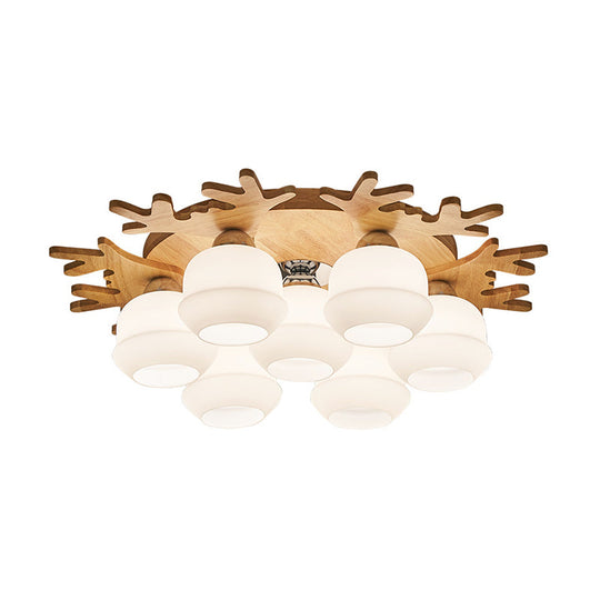 Modern Flush Ceiling Lamp With Wood Antler Design - White Glass Jar Fixture 5/7 Bulbs Beige Mount