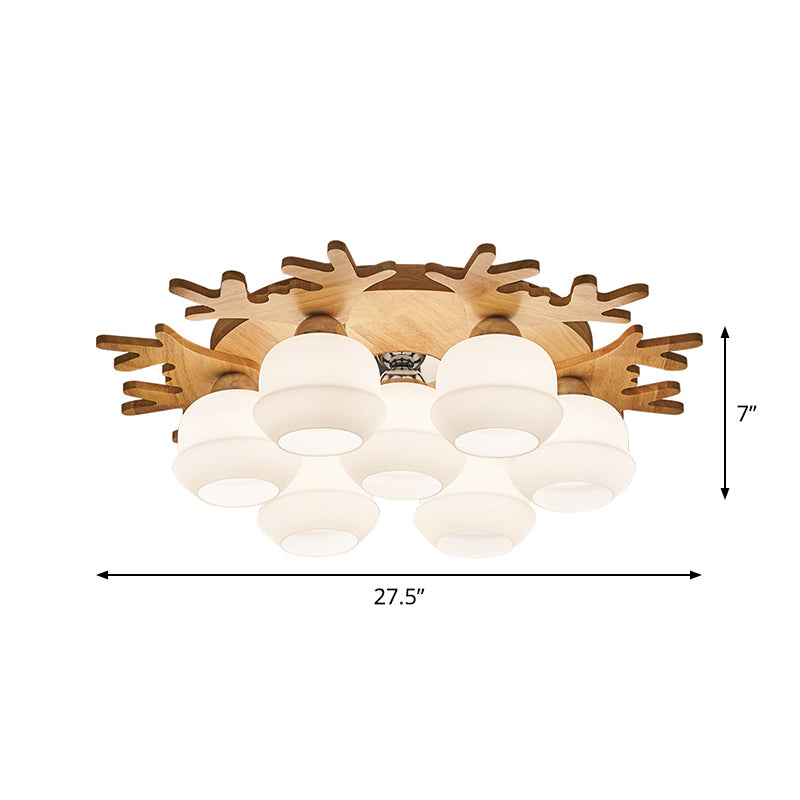 Plafonnier encastré moderne avec motif de bois de cerf - Luminaire en pot de verre blanc, 5/7 ampoules, monture beige