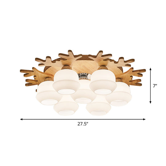 Modern Flush Ceiling Lamp With Wood Antler Design - White Glass Jar Fixture 5/7 Bulbs Beige Mount