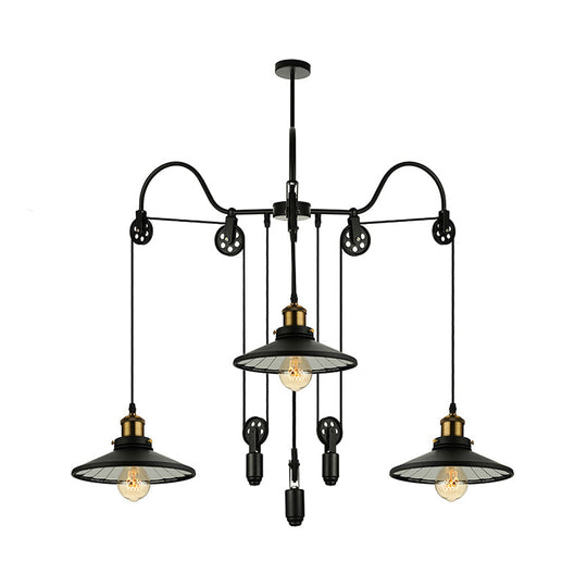 Industrial Black Pendant Light with 3 Metal Heads, Pulley and Cord - Perfect for Living Room