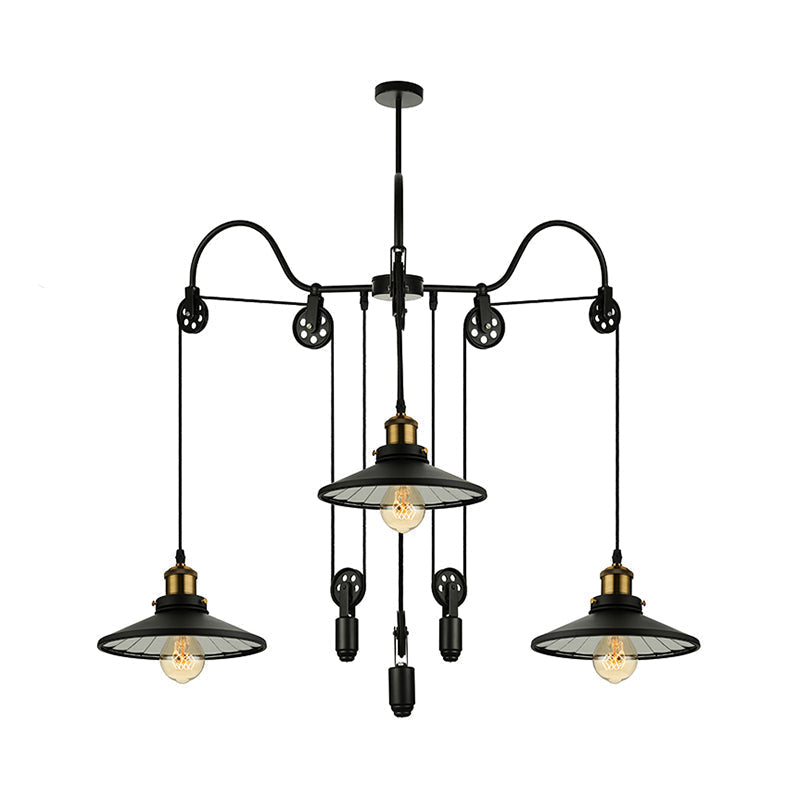 Industrial Flared Chandelier With Pulley And Cord - Black 3-Head Pendant Lamp For Living Room