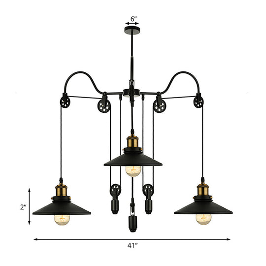 Industrial Black Pendant Light with 3 Metal Heads, Pulley and Cord - Perfect for Living Room