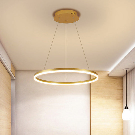 Minimalist Metal Ring Chandelier Lamp - LED Bedroom Ceiling Pendant in Gold (16"/19.5"/23.5") with Warm/White Light