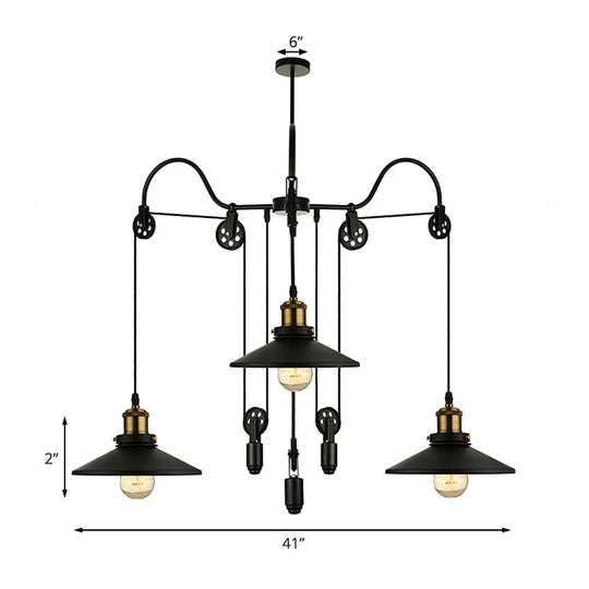 Industrial Flared Chandelier With Pulley And Cord - Black 3-Head Pendant Lamp For Living Room