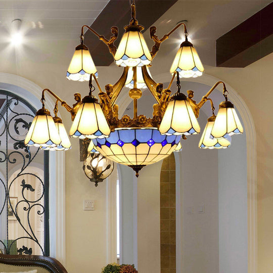 Tiffany Cone Stained Glass Pendant Light - White/Blue Chandelier with 15 Lights