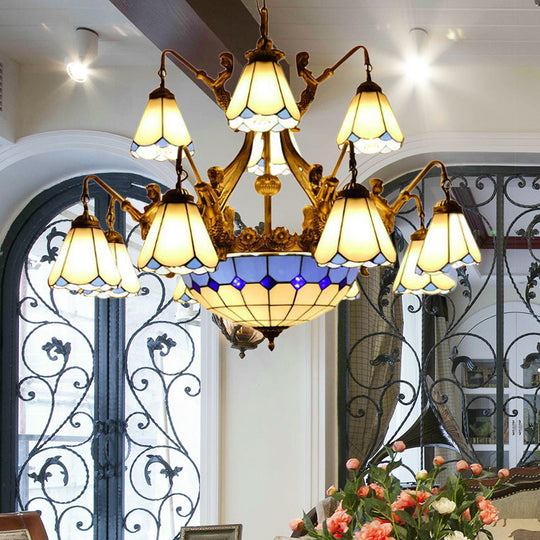 Tiffany Cone Stained Glass Chandelier With 15 Pendant Lights In White/Blue