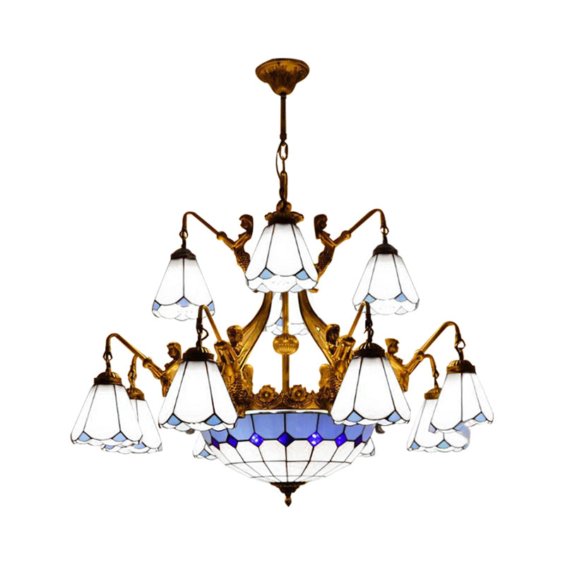 Tiffany Cone Stained Glass Chandelier With 15 Pendant Lights In White/Blue