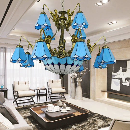 Tiffany Cone Stained Glass Chandelier With 15 Pendant Lights In White/Blue Blue