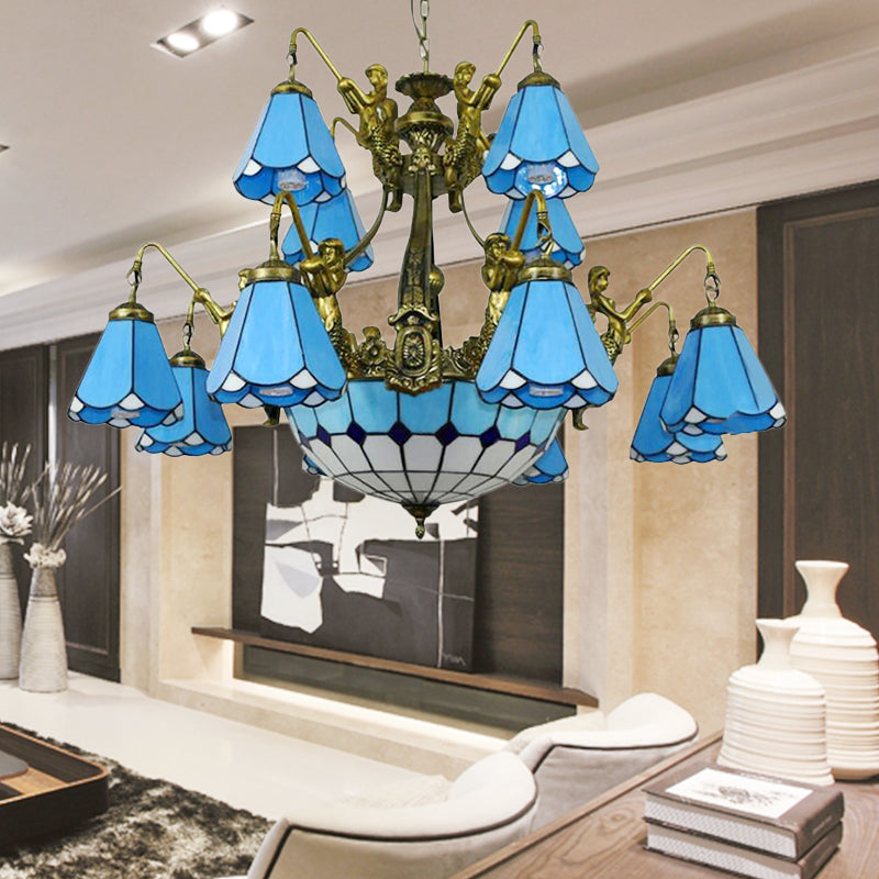 Tiffany Cone Stained Glass Pendant Light - White/Blue Chandelier with 15 Lights