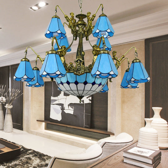 Tiffany Cone Stained Glass Chandelier With 15 Pendant Lights In White/Blue