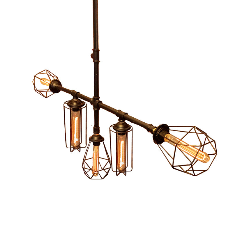 Rustic Metallic Pipe Chandelier - Black Cage Shade 5 Lights Bedroom Ceiling Fixture