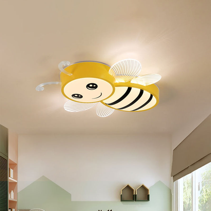 Bee Flush Mount LED Ceiling Lamp for Kids' Bedroom - Pink/Yellow/Blue Plastic Fixture