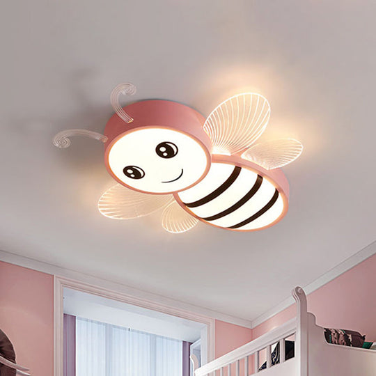 Bee Flush Mount LED Ceiling Lamp for Kids' Bedroom - Pink/Yellow/Blue Plastic Fixture