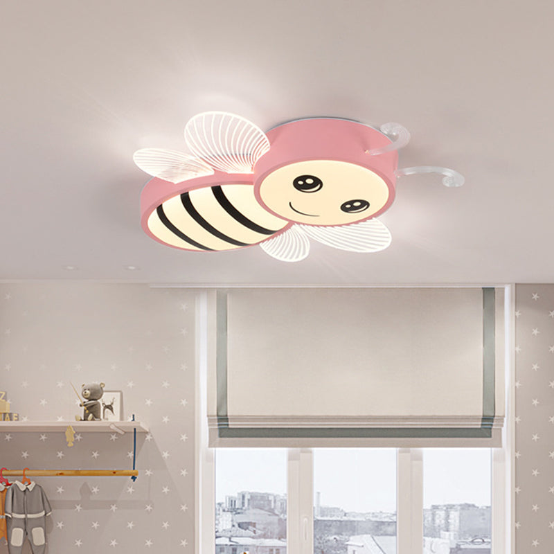 Bee Flush Mount LED Ceiling Lamp for Kids' Bedroom - Pink/Yellow/Blue Plastic Fixture