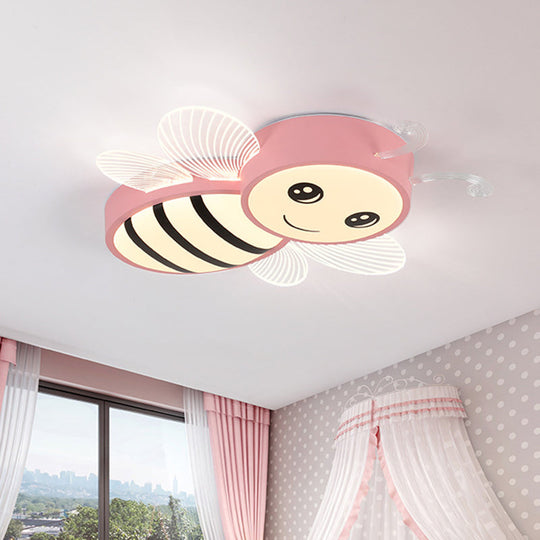 Bee Flush Mount LED Ceiling Lamp for Kids' Bedroom - Pink/Yellow/Blue Plastic Fixture