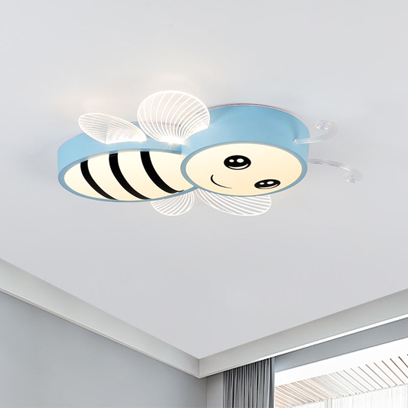 Bee Flush Mount LED Ceiling Lamp for Kids' Bedroom - Pink/Yellow/Blue Plastic Fixture