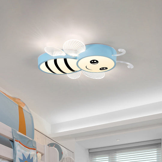 Bee Flush Mount LED Ceiling Lamp for Kids' Bedroom - Pink/Yellow/Blue Plastic Fixture