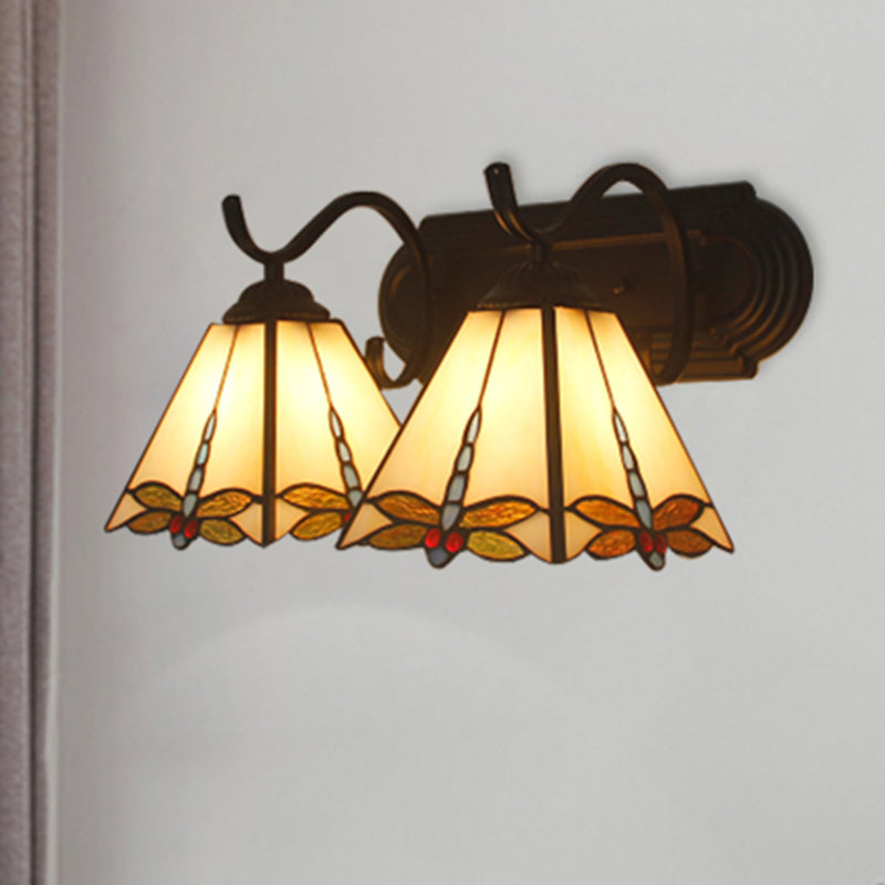 Lodge Dragonfly Stained Glass Wall Sconce Light - 2 Heads Black/Bronze Black