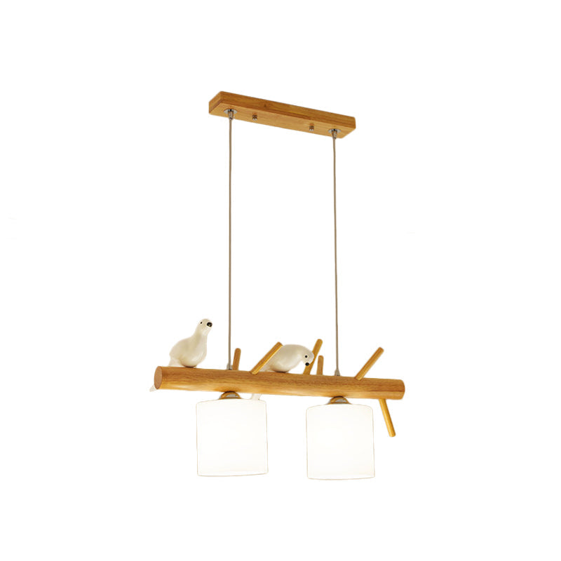 Beige Drum Island Lighting: Simple 2/3 Heads Pendant Lamp With Opaque Glass And Bird On Wood Branch