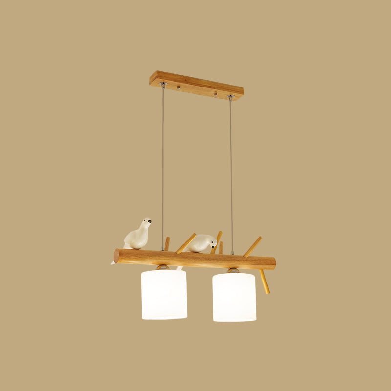 Beige Drum Island Lighting: Simple 2/3 Heads Pendant Lamp With Opaque Glass And Bird On Wood Branch