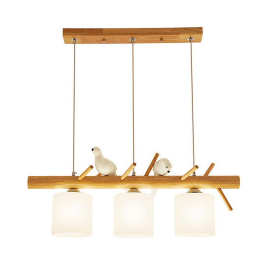 Beige Drum Island Lighting: Simple 2/3 Heads Pendant Lamp With Opaque Glass And Bird On Wood Branch